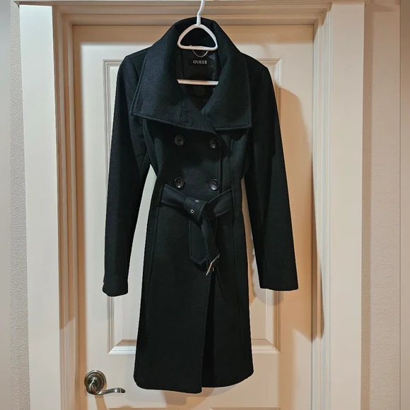 Guess Double Breast Wool Blend Coat Heavyweight Funnel Neck Belt Siz 6 Black EUC - Picture 1 of 15